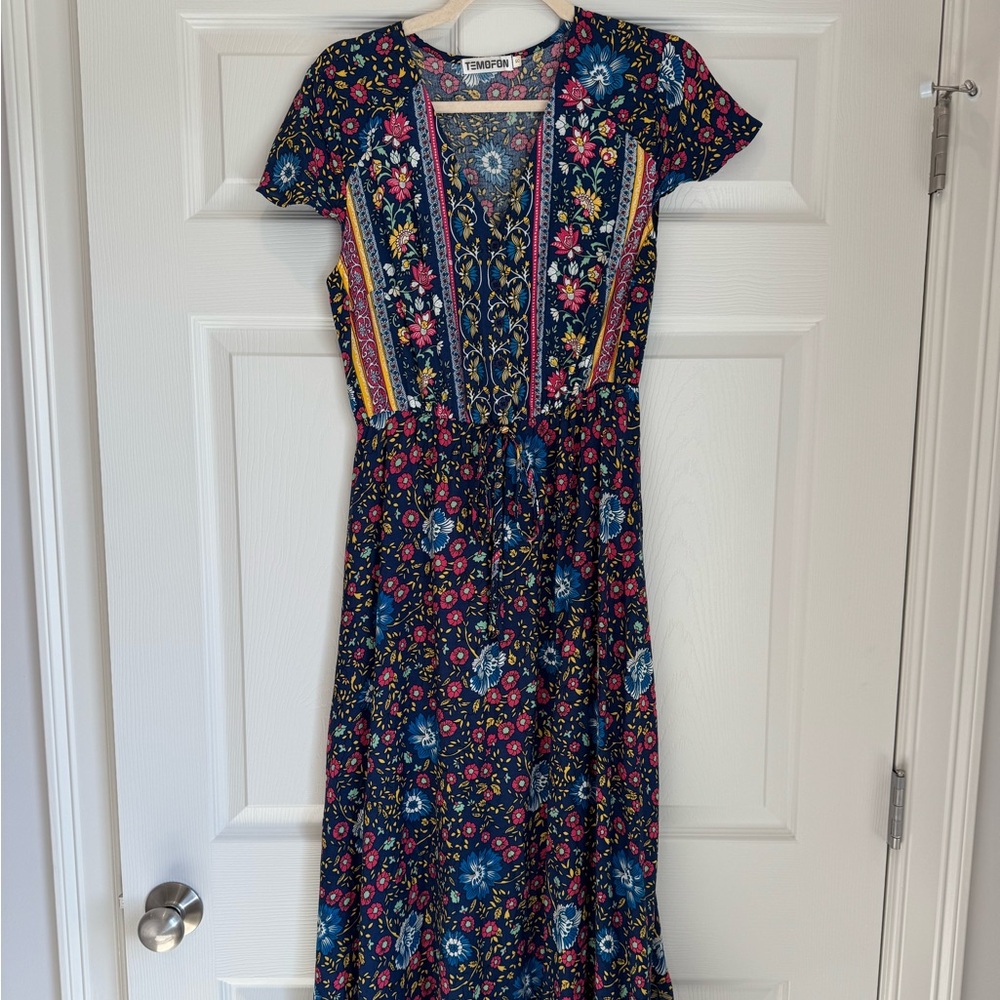 TEMOFON Women Dress Summer Bohemian: Floral V Neck Button Down Flowy - S